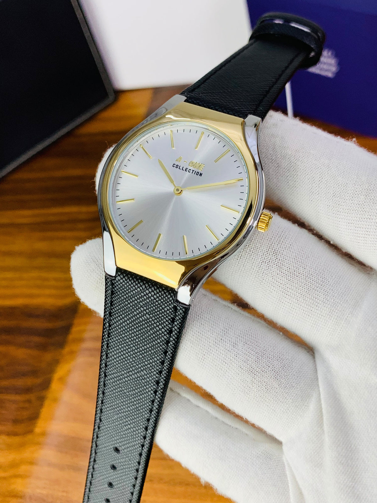 A-ONE Collection Classic Minimalist Analog Watch – Silver Dial / Black Strap - Gold Accent