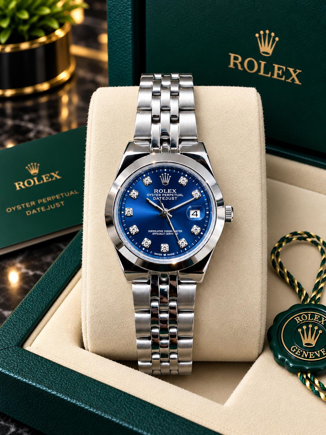 Rolex Datejust Watch – Silver & Royal Blue Dial | Smooth Bezel
