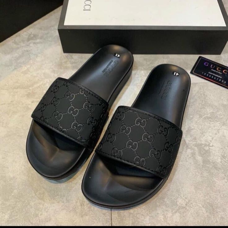 Tonal Monogram Embossed Slide Sandals – Black – Black product view