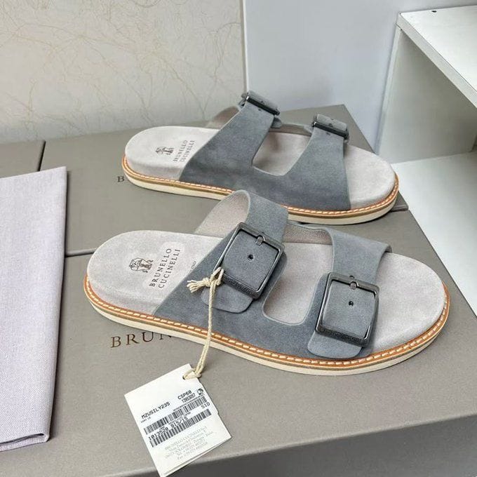 Classic Double Buckle Footbed Sandals – Stone Gray product view