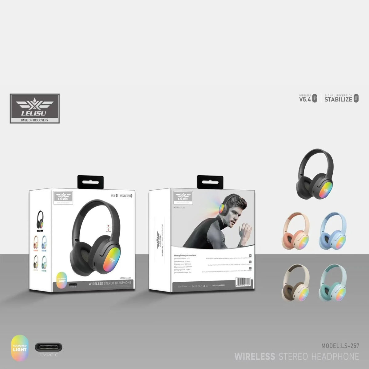 Lelisu LS-257 Wireless Stereo Headphones | Bluetooth 5.4 Over-Ear Headset with Type-C Charging & LED Lights