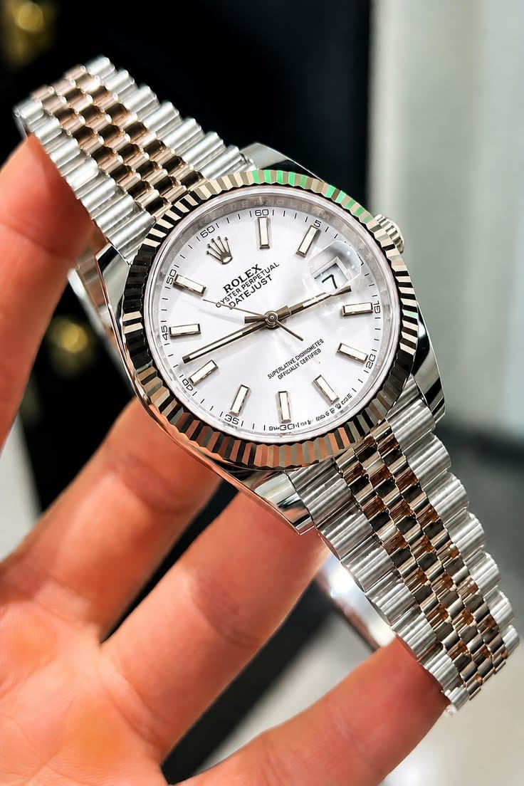 Ladies Classic Fluted Bezel Jubilee Watch – Silver Tone / White Dial