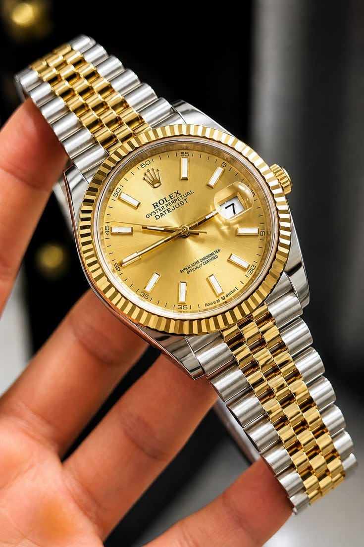 Ladies Classic Fluted Bezel Jubilee Watch – Two Tone / Champagne Dial