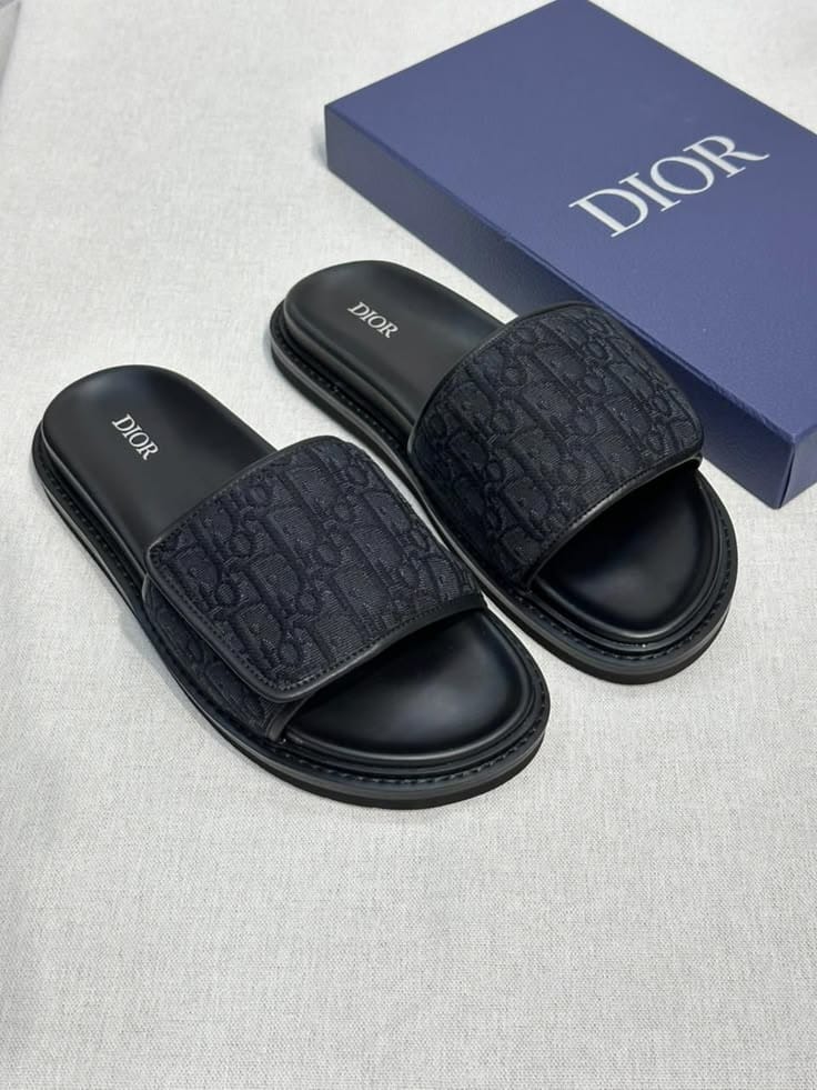 Monogram Pattern Padded Slide Sandals – Navy – Navy product view