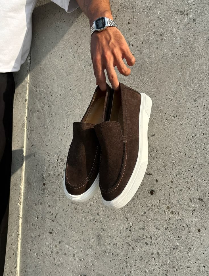 Relaxed Suede-Effect Slip-On Loafers – Chocolate Brown product view